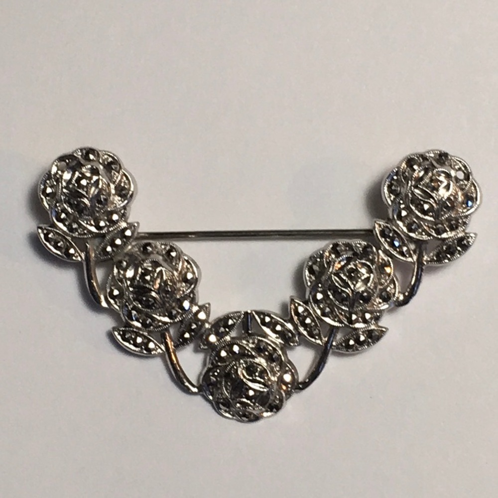 Vintage Sterling Marcasite 5 Roses PinBrooch EUC
